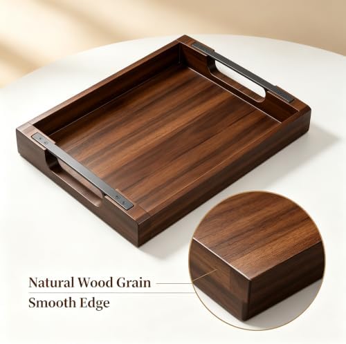 Acacia Wood Serving Tray with Metal Handle, 17X13In Tray for Ottoman
