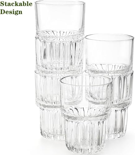 DEAYOU 8 Pack Drinking Glasses Set, 11 OZ Clear Striped Iced Tea Water