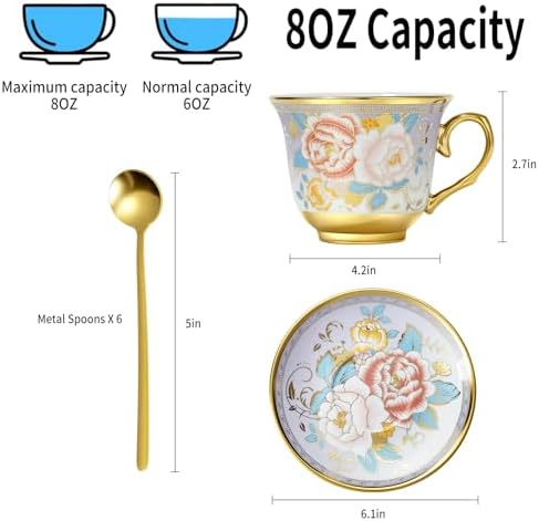 Tea Cups and Saucers, Tea Cup Set of 6, 8 OZ Floral Cups Porcelain Cup