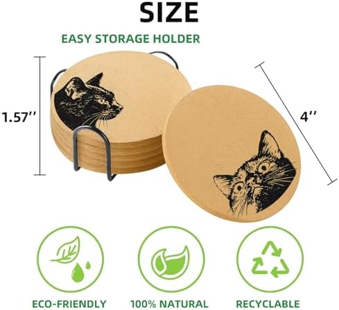 Coasters for Drinks with Holder Set of 6, Curious Cat Cork Coaster