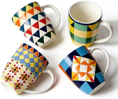 Bohemian Ceramic Coffee Mugs Set of 4, 15oz/450ml Geometric Pattern