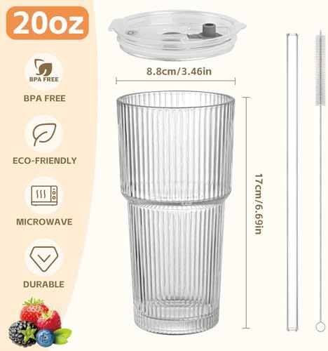 20oz Ribbed Glass Cups with Lids and Straws,2PCS Glass Tumbler with