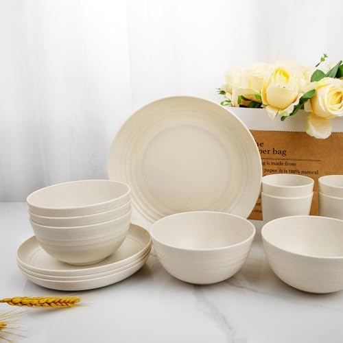 Rubtlamp 24 Pcs Wheat Straw Dinnerware Sets, Unbreakable Reusable