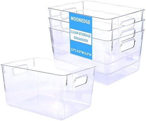 MOONEDGE 4 Pack Clear Plastic Storage Bins, 11x8x6in