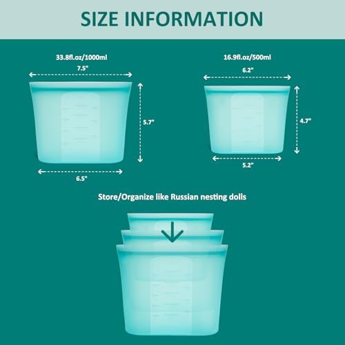 8-Pack Reusable Silicone Food Storage Bags, 100% Silicone Stand-Up