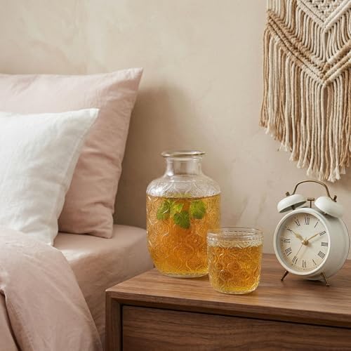 AVLA 4 Pcs Bedside Water Carafe and Glass Tumblers, 20 OZ Clear