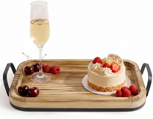 15 Inch Wood Serving Tray with Metal Handles, Sturdy Ottoman Tray