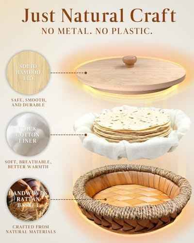Rattan Weaving Tortilla Warmer Basket with Wooden Cover, 9.6" x 3.15"