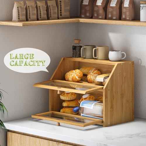 BMOSU Farmhouse Bread Box for Kitchen Countertop Bread box Double Layer Bamboo Wooden Extra Large Capacity Bin Kitchen Food Storage Container(Natural)