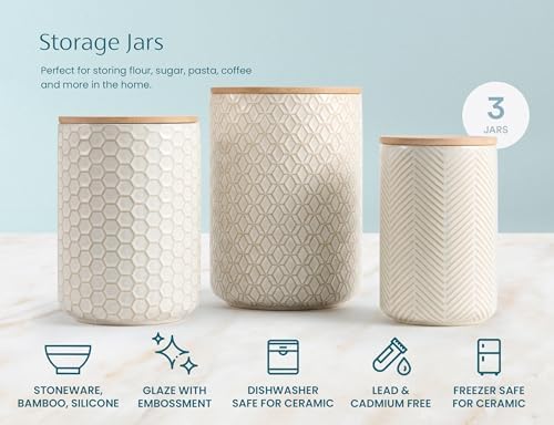 Kook Ceramic Storage Containers, Embossed, Bamboo Lids, Set of 3
