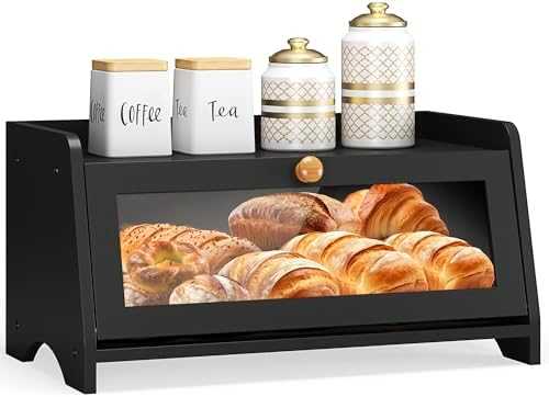 JANSNIMEN Bread Box for Kitchen Countertop, Large Bread Container Storage, Wooden Farmhouse Bread Box with Window Bread Holder (Black)