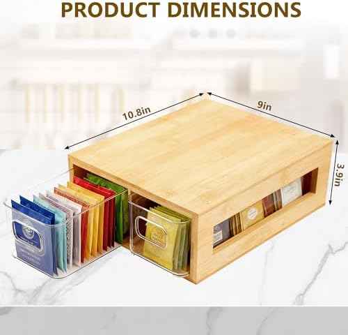 Tea Bag Organizer, Bamboo and Acrylic Drawer Tea Bag Holder Wood Teas