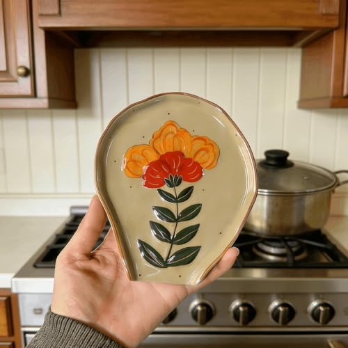 Vintage Ceramic Spoon Rest for Stove Top, Hand-Painted Floral spatula