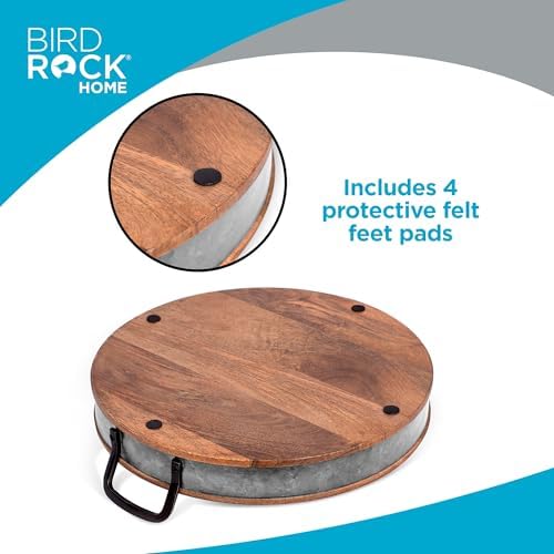 BIRDROCK HOME Round Wood Serving Tray with Handles and Iron Accents