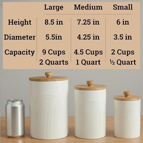 Ceramic Kitchen Canisters for Countertop Set of 3 w/ Airtight Bamboo