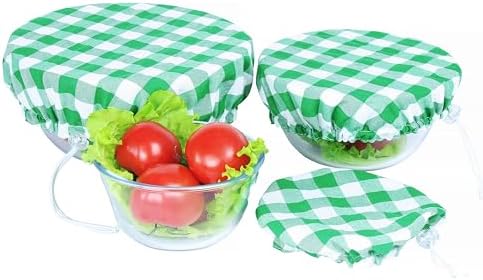 Reusable Cotton Fabric Bowl Covers, Set of 3, Green Plaid