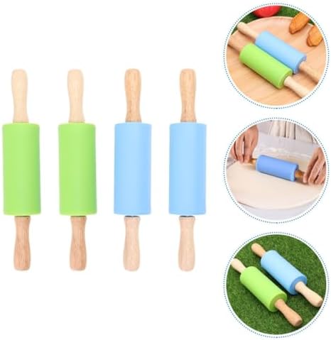 4pcs Silicone Baking Rolling Pin Set for Dough, Wood Handle