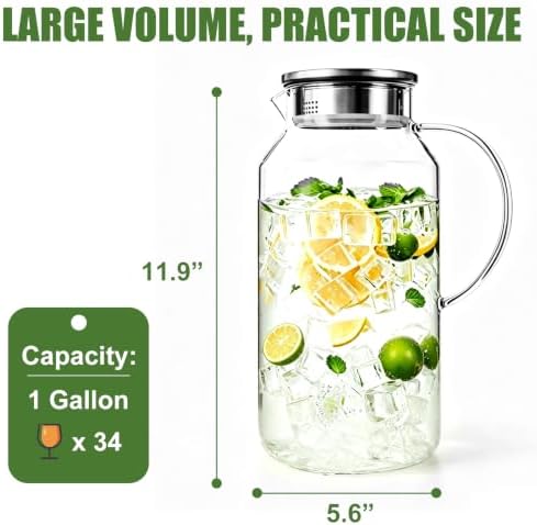 1 Gallon Glass Pitcher with lid,128oz Borosilicate Glass Carafe for
