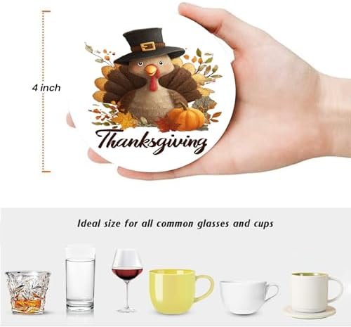 Thanksgiving Turkey Pumpkin Coasters Set of 6, Round Absorbent Ceramic