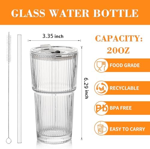 20 OZ Glass Coffee Cups with Lids and Straws, Set of 4 Ribbed Glass