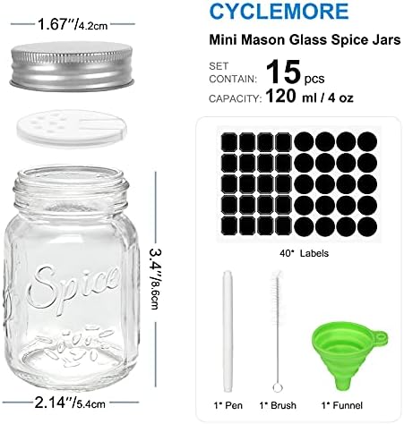CycleMore 15 Pack 4oz Glass Spice Jars with Metal Caps and Shaker Lids