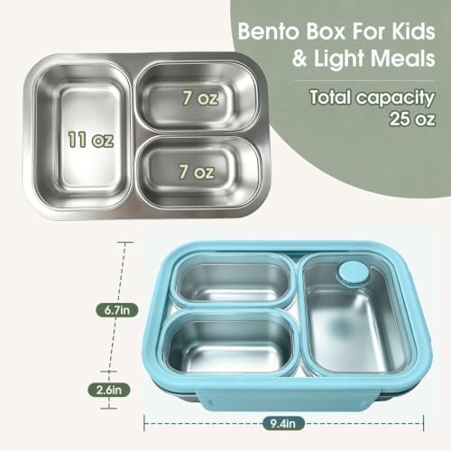 Kabbas Kids Adults Stainless Steel Bento Box, 3-Compartment Metal