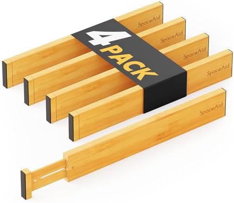 SpaceAid 4 Pack Bamboo Drawer Dividers with Labels, Kitchen Adjustable