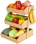 Fyvva 3 Tier Bamboo Fruit Basket with 2 Banana Hangers for Kitchen Counter