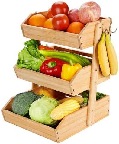 Fyvva 3 Tier Bamboo Fruit Basket with 2 Banana Hangers for Kitchen Counter