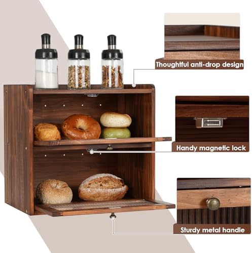 Sunhoo Bread Box for Kitchen Countertop Wooden Bread Storage Container Bin 2 Layer Breadbox Holder Large Capacity Keeper Vintage Farmhouse Food Organizer Pantry Shelf Acrylic Window (Brown)