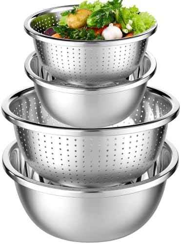 4 Pcs 304 Stainless Steel Colander Set, 5 Qt and 2 Qt Metal Strainer Bowls with Matching Mixing Bowls Large Capacity for Washing Rice Vegetables Fruit, Kitchen Draining Set, Dishwasher Safe