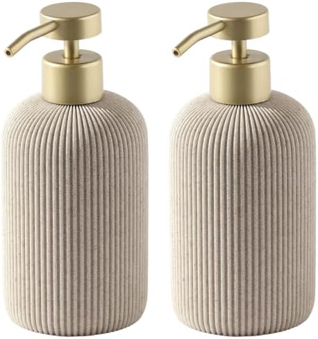 Soap Dispenser14.2OZ, 2PCS Luxurious Stripe,Beige, Gold Pump