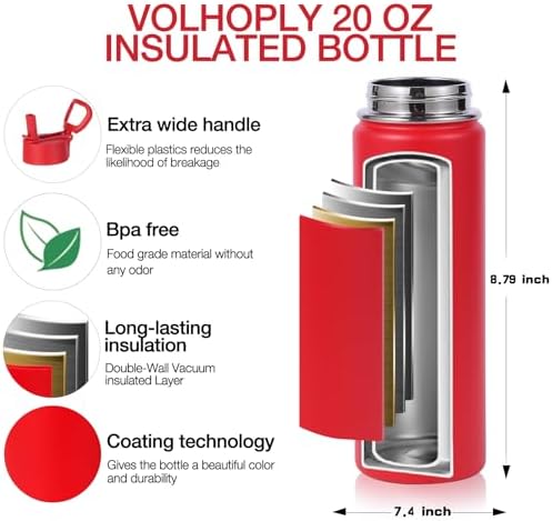 Volhoply 20oz Insulated Kids Water Bottle with Straw, Red