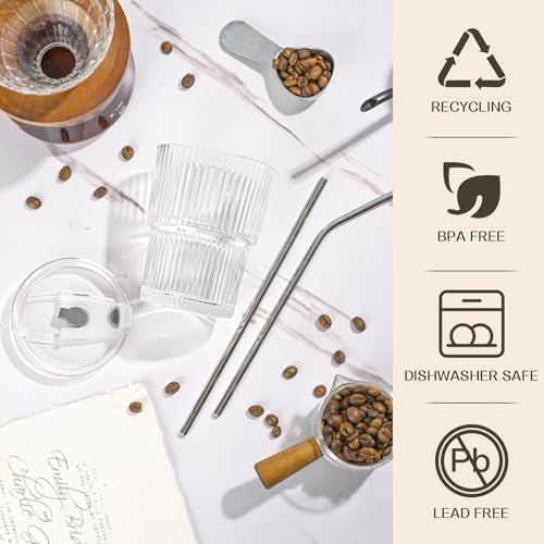 13oz Iced Coffee Cups,2Pcs Glass Cups with Lids and Straws Drinking