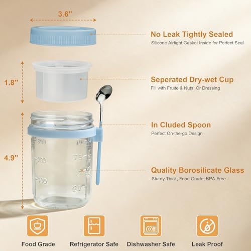 Overnight Oats Containers, 6 Pack 16 oz Glass Mason Jars
