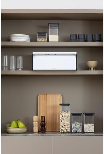 Brabantia Rectangular Fall Front Bread Box | White | Large Metal Front Opening Bread Store for Kitchen Countertop | Flat Top for Extra Storage, Magnet Closing Lid | Fits 2 Loaves