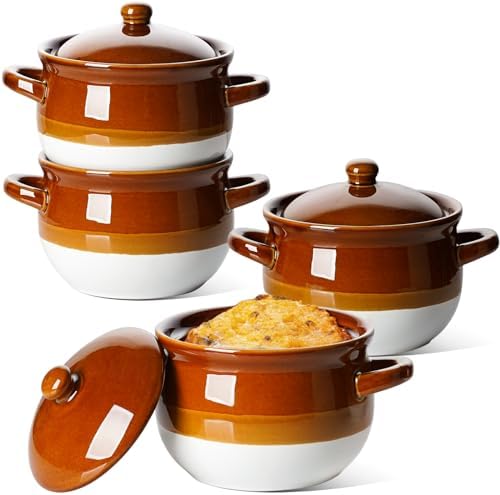 LE TAUCI French Onion Soup Bowls with Lids, Handles, 22 oz, Set of 4