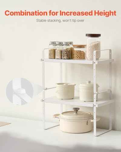 VEVOR Adjustable Kitchen Cabinet Shelf Organizer, Expandable 2 Tier Cabinet Shelf, Stackable Countertop Organizers and Storage Risers, Pantry for Kitchen Bathroom Office, White