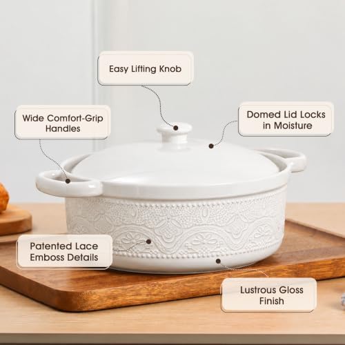 FE Casserole Dish with Lid, 2 Quart Ceramic Baking Dish, Bright White
