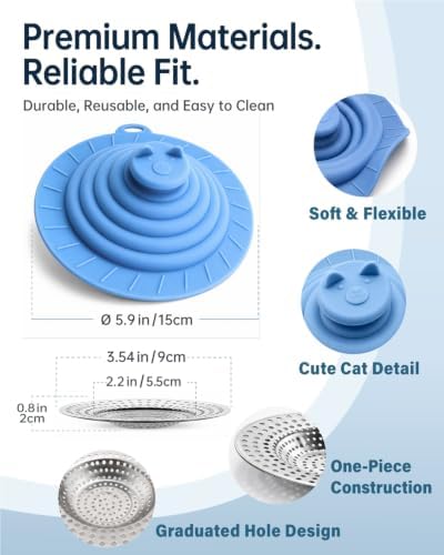 2 Silicone Bathtub Tub Stoppers with Stainless Steel Strainer Set