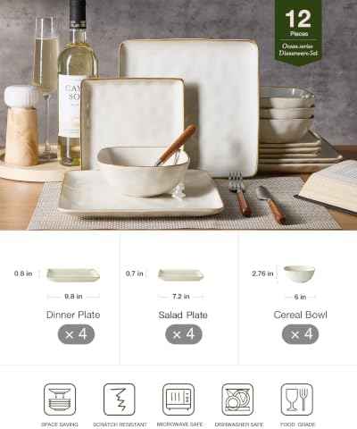 Famiware Square Plates and Bowls Sets, 12pcs Stoneware Dinnerware Set