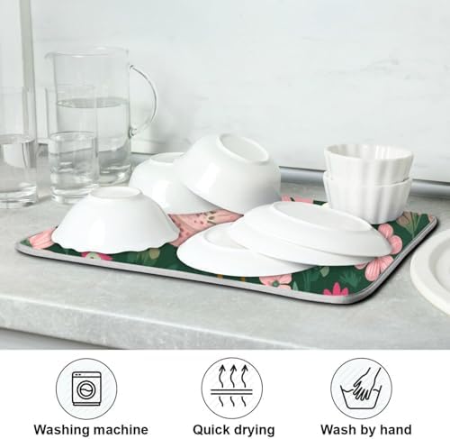 OTVEE Charming Hen Flower Decor Dish Drying Mat for Kitchen Counter