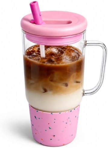 40oz Glass Tumbler with Flip Straw Lid, Handle, Silicone Sleeve, Pink