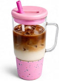 40oz Glass Tumbler with Flip Straw Lid, Handle, Silicone Sleeve, Pink