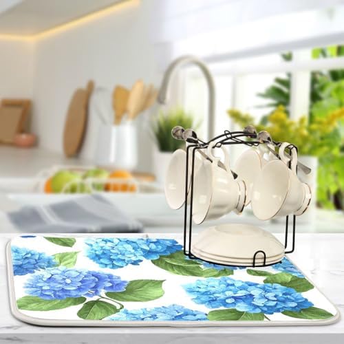 OTVEE Blue Hydrangea Nature Art Dish Drying Mat for Kitchen Counter