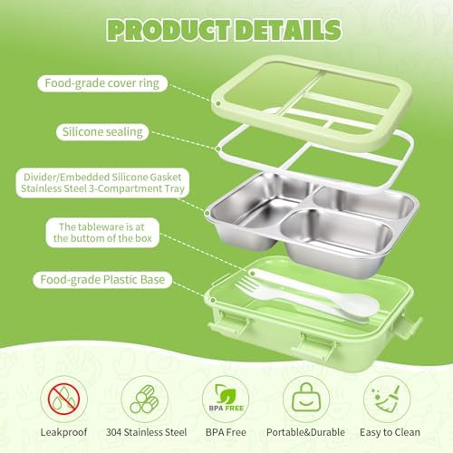 Stainless Steel Lunch Box for Kids, 3 Compartments, Green