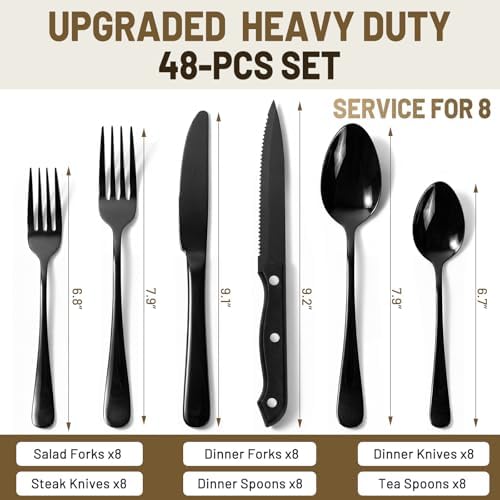 48 PCS NO-FADING Black Silverware Set with Steak Knives, Flatware for 8