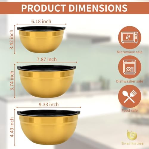 Snailhouse Mixing Bowls, 3 Pack 3.5/2/1 Quart Stainless Steel Large
