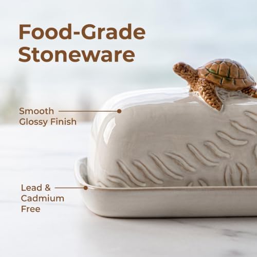 Ceramic Sea Turtle Covered Butter Dish White Coastal Butter Keeper