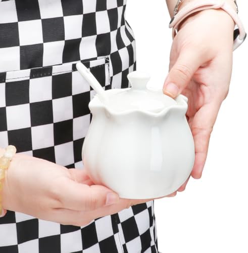 Ceramic Sugar Bowl with Lid and Spoon, Flower-Shaped Porcelain Salt